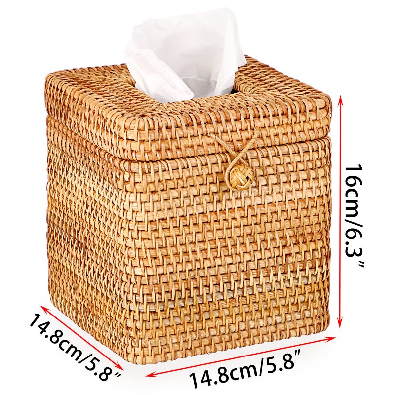 Sumnacon Tissue Box Cover Square Tissue Box Rattan Tissue Box Holder with Hinged Top Lid  Wicker Tissue Holder for Bathroom Toilet Living Room Kitchen Office Table Desk  Yellow - Image 5